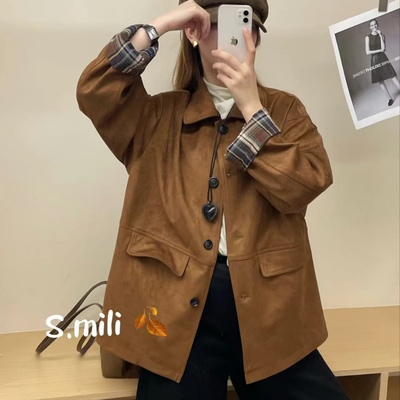 宽松显瘦翻领开衫鹿皮绒外套高级