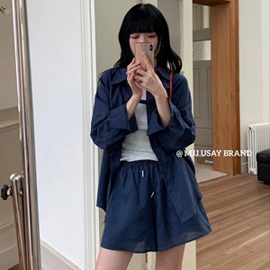 苎麻衬衫套装女夏季薄款慵懒宽松防晒休闲衬衣吊带运动短裤三件套