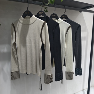 欧洲站2025冬季新款圆领时尚拼接丝绒袖口百搭舒适羊毛衫打底上衣