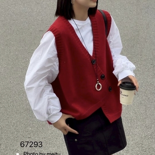 斜扣毛衣女冬季新款2件套t恤+马甲宽松百搭新年红色减龄针织衫潮