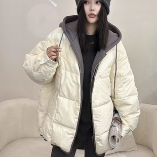 连帽中长款羽绒服女宽松时尚90白鸭绒假两件龟背羽绒服外套芭鲁娜