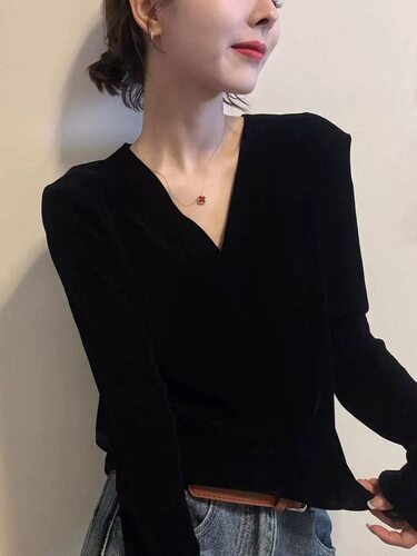 纯色气质显瘦植绒金丝绒无痕V领垫肩长袖T恤女春秋打底衫短款上衣