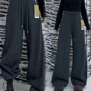 高级感细闪羊毛混纺裤子女加绒加厚高腰抽绳可收口阔腿弯刀休闲裤