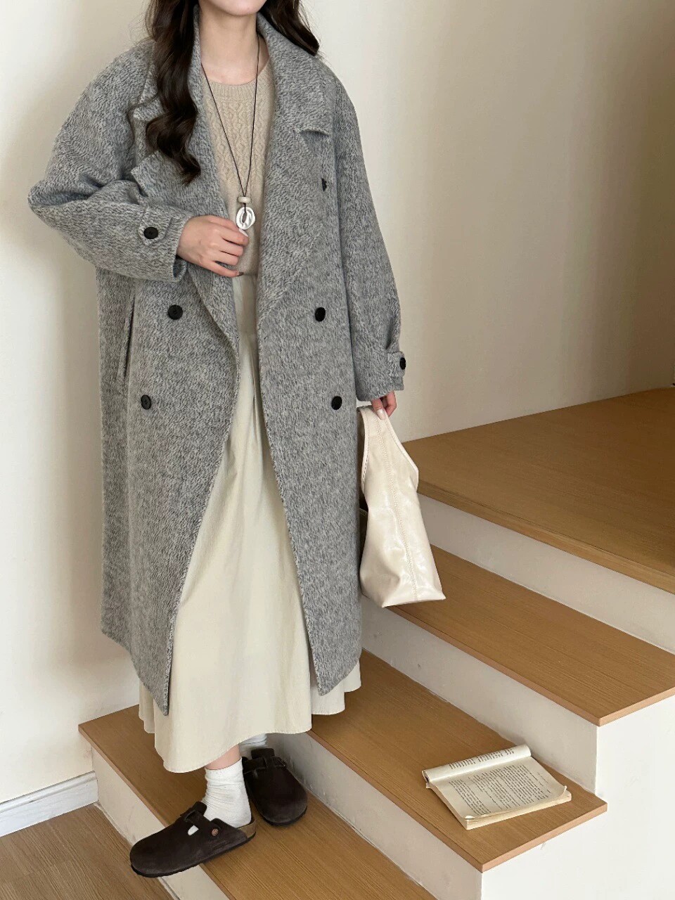 浅灰色双面羊毛大衣女中长款2026秋冬新款韩系宽松高级感毛呢外套