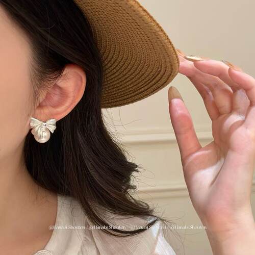 ＜花火商店＞淑女准则 - 轻奢千金感蝴蝶结人造珍珠925银针耳钉