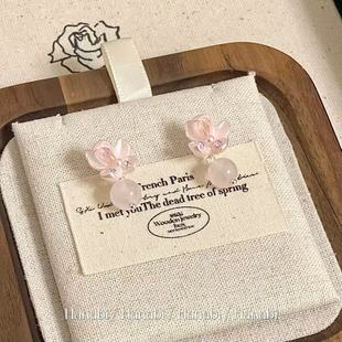 ＜花火商店＞粉雾花 天然粉水晶锆石925银针耳钉