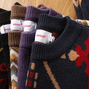 日单复古重磅厚实民族风提花宽松BF圆领长袖针织衫男潮学院风毛衣