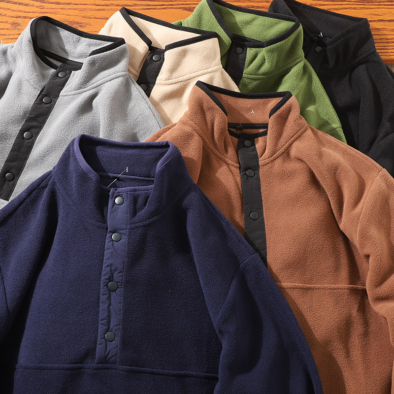 日系双面摇粒绒亨利领立领卫衣