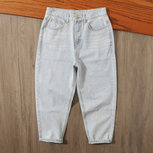 型狠赞 美式 潮牌重工水洗磨白夏季 裤 浅色宽松锥形直筒牛仔九分裤