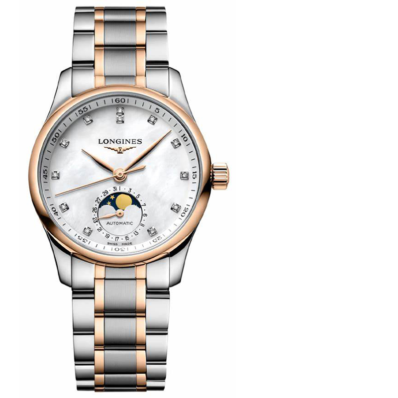 新款Longines浪琴名匠月相镶钻钢带18K金机械女表L2.409.5.89.7