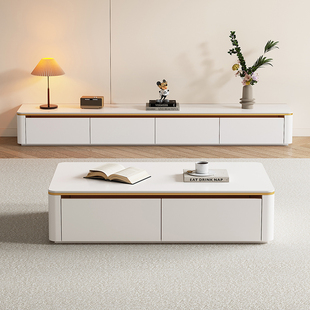 岩板电视柜茶几组合客厅家用储物柜奶油风新款落地实木电视机柜子