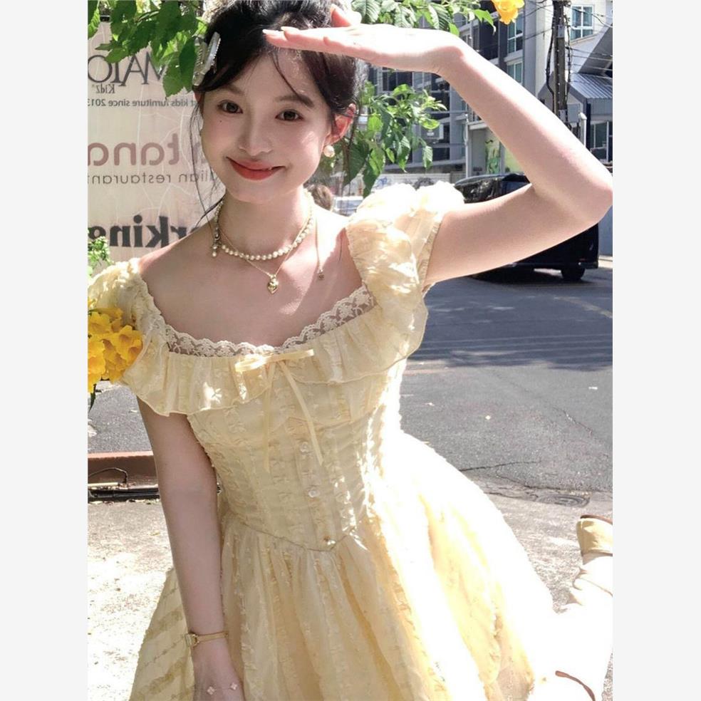 法式少女超仙温柔风蛋糕裙女夏季新款清新甜美可爱修身显瘦连衣裙