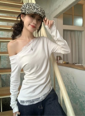 MR【天猫质量】一字肩白色蕾丝斜肩T恤女早秋修身短款露肩打底衫