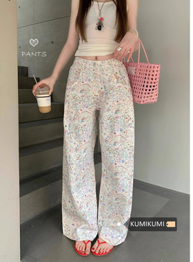 涂鸦小鱼斜纹裤女2025新款白色卡通印花高腰宽松直筒阔腿拖地裤子
