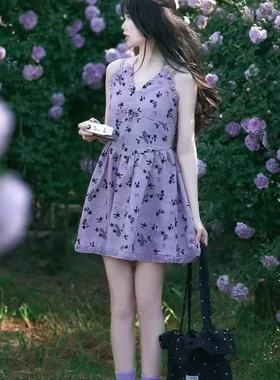 夏季2025新款今年流行的漂亮小个子短裙法式紫色收腰吊带连衣裙女