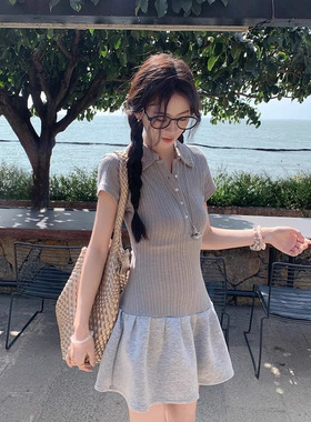 韩系灰色polo领短袖连衣裙女春季修身收腰短裙小个子显瘦a字裙子