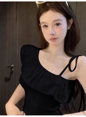 夏季辣妹白色荷叶边斜领露肩吊带上衣女别致短款气质单肩背心外穿