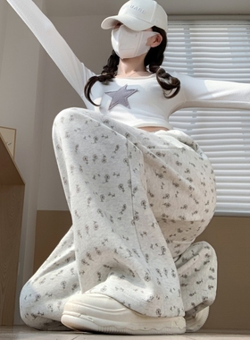 碎花白色慵懒阔腿裤女春秋新款宽松直筒休闲运动裤小个子美式卫裤