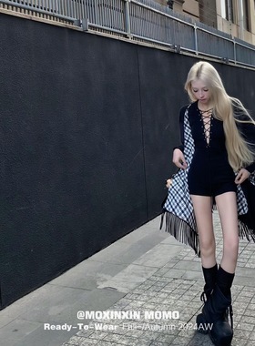 黑色镂空长袖连体衣女秋季小个子内搭修身性感辣妹美式短款连体裤