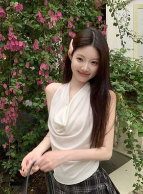 韩版荡领挂脖吊带背心女夏季2025新款无袖修身显瘦露背套头上衣潮