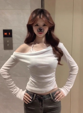 法式白色蕾丝荡领斜肩长袖t恤女秋季新款绝美辣妹巨好看露肩上衣