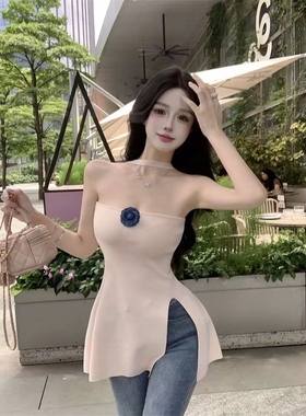 纯欲风立体花朵抹胸吊带背心女夏季新款修身开叉露背外穿无袖上衣