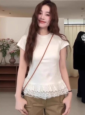 白色蕾丝拼接短袖T恤女2025夏季甜美风少女气质修身显瘦小众上衣