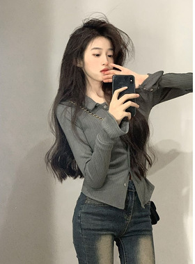 MR【仿棉百褶条】纯欲polo领长袖T恤女春秋设计感辣妹修身打底衫