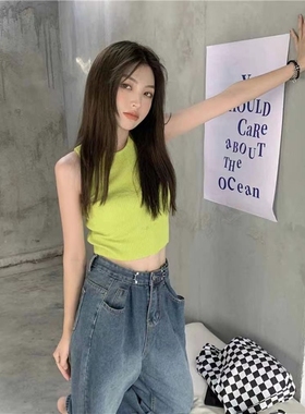 绿色吊带背心无袖t恤女夏辣妹修身茶里茶气小众独特别致内搭上衣