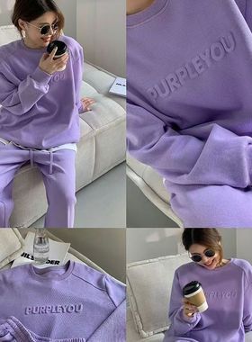 紫色运动休闲套装女2025春秋新款时尚气质宽松卫衣长裤两件套