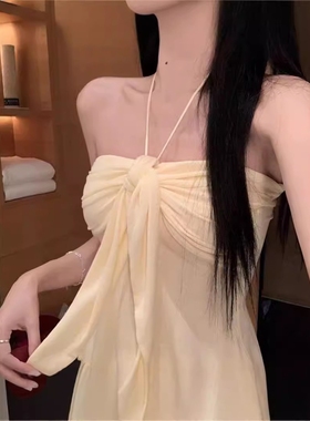 夏季蝴蝶结绑带性感抹胸辣妹露肩上衣法式纯欲挂脖吊带背心女