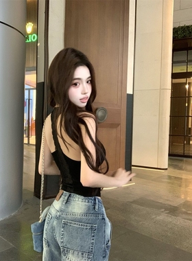 黑色露背挂脖吊带背心女夏季荡领美背内搭辣妹性感紧身小上衣外穿