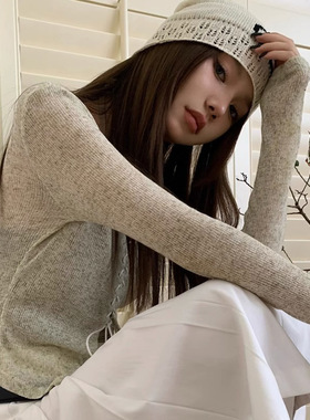 官图实价 上衣+吊带辣妹长袖绿色针织衫女秋新款修身抽绳绑带套装