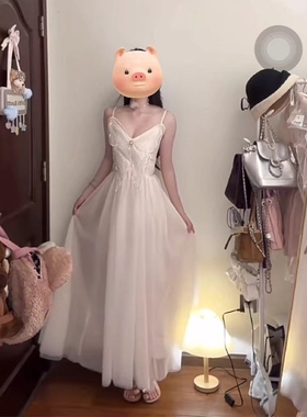 Catyears猫年 夕岚蝶梦~法式吊带长裙夏纯欲蝴蝶结网纱度假连衣裙