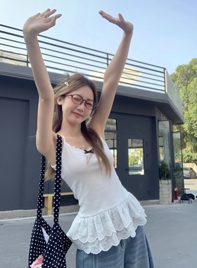 白色蝴蝶结吊带背心女春季设计感蕾丝花边下摆修身叠穿内搭小上衣