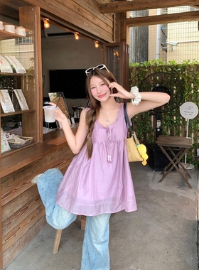 温柔风减龄紫色无袖背心女夏季新款小众百搭别致宽松外穿绝美上衣