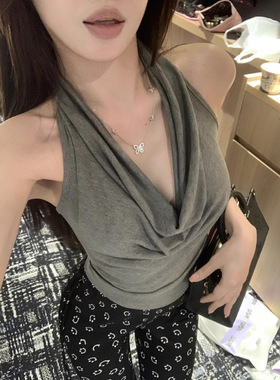 辣妹设计感露背挂脖背心女装2025夏季韩版修身百搭短款打底上衣