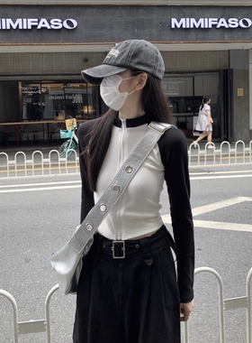 40支1*1螺纹棉甜酷辣妹撞色拼接立领长袖T恤女秋季修身显瘦上衣女