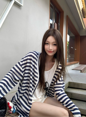 MR【雪花棉】慵懒风韩系撞色条纹长袖开衫女秋季宽松休闲百搭上衣