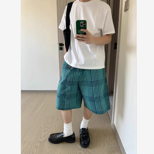 美式复古cleanfit小格子短裤男女夏季宽松直筒休闲六分裤沙滩裤