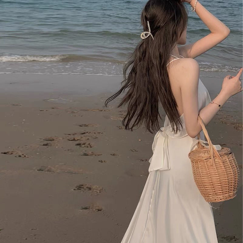 【有内里】吊带连衣裙女性感露背蝴蝶结白色中长裙法式复古裙子