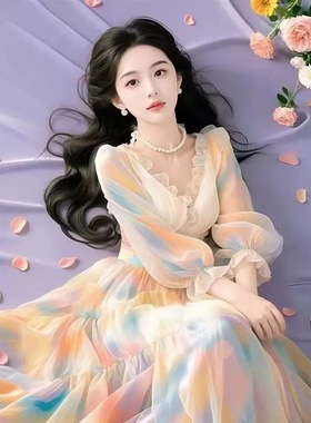 小众不撞款初恋清纯漂亮独特收腰长裙高级感晕染雪纺连衣裙女春季