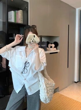 韩系白色polo领长袖衬衫女夏季2025新款宽松衬衣独特chic百搭上衣