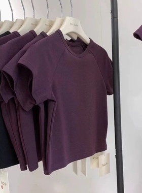 40支纯棉螺纹辣妹紫色小飞袖T恤女夏季基础款短袖修身显瘦短上衣