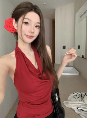 纯欲辣妹荡领修身挂脖小背心女2025夏日休闲设计感褶皱显瘦上衣服