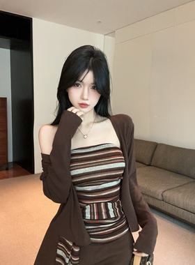 MR【原版做法】法式心机设计感小众撞色条纹收腰系带抹胸开衫两件