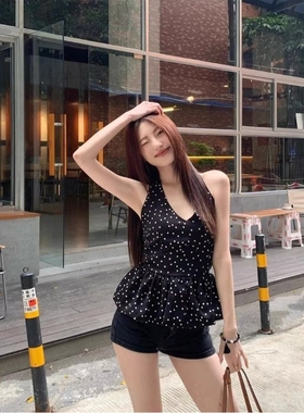 黑色波点v领挂脖背心2025夏季新款花设计感苞收腰美背外穿上衣女