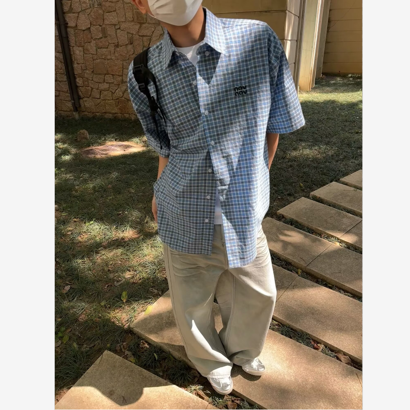 美式复古格子短袖衬衫男女夏季学院风字母刺绣宽松休闲叠穿衬衣