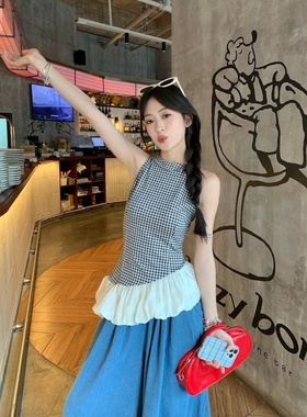 黑色格子荷叶边泰式小吊带背心女夏季外穿设计感修身无袖辣妹上衣