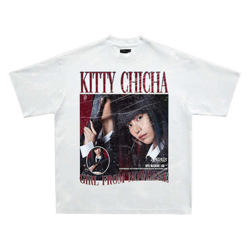 kitty chicha禁忌少女美式小领口t恤夏季宽松复古嘻哈人像印短袖